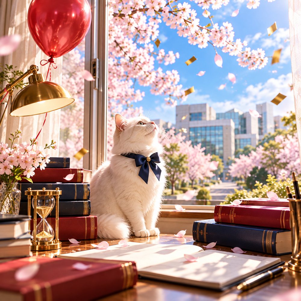 紺のリボンの白猫が、桜ごしに医学部を見上げている