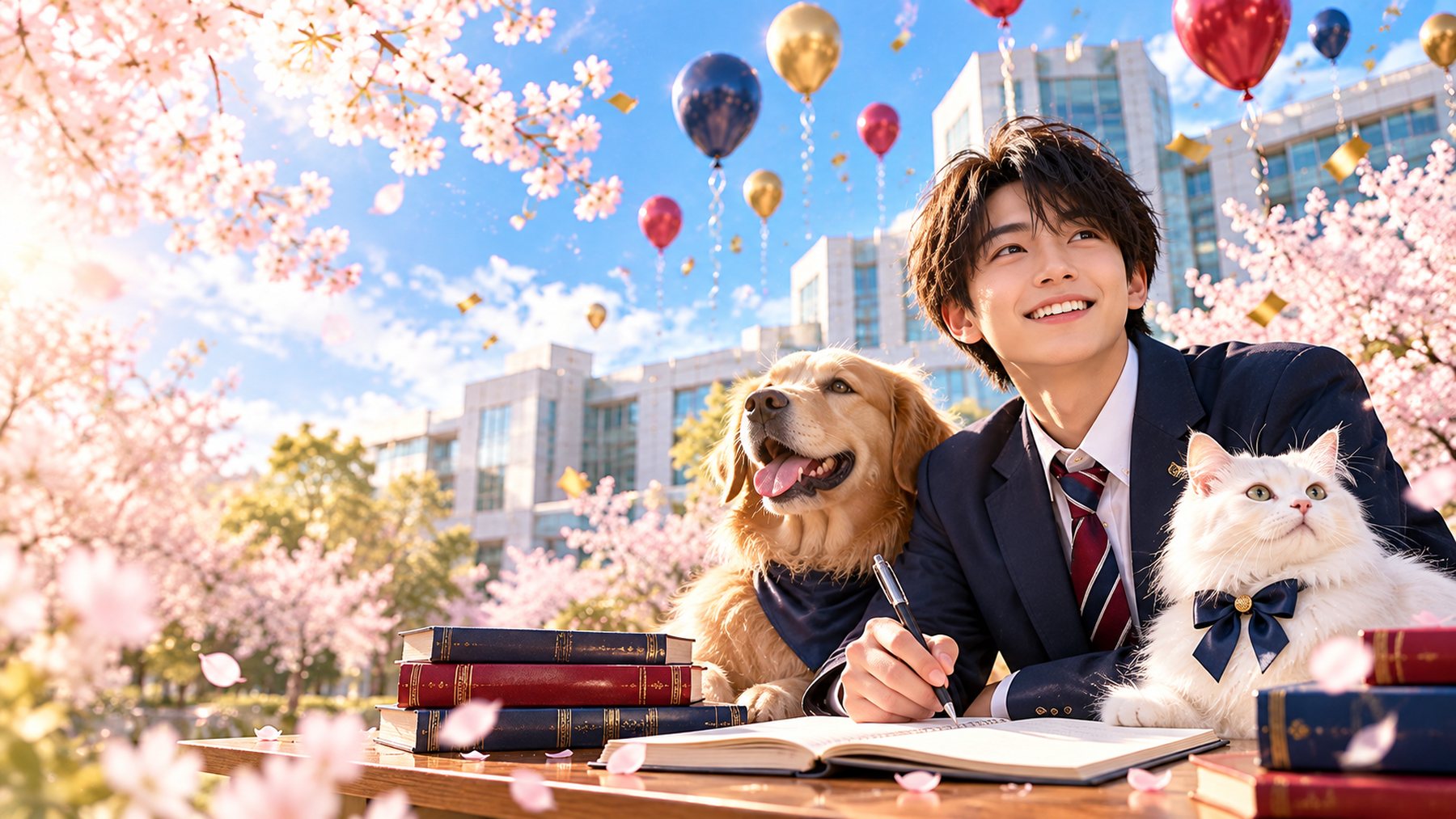 桜の下で北里大学を見上げる高校生と、犬と白猫